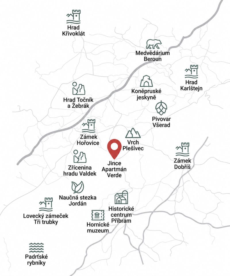 Mapa okolí s turistickými cíli v Brdech
